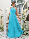 A-Linie/Princess-Linie Chiffon Rüschen Neckholder Ärmellos Bodenlang Brautjungfernkleider Abendkleid