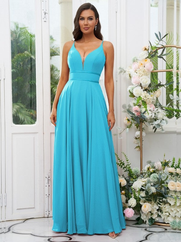 A-Line/Princess Chiffon Ruffles V-neck Sleeveless Floor-Length Bridesmaid Dresses Evening Prom Dress
