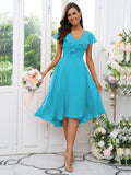 Vestido de dama de honor asimétrico de corte A/princesa, de gasa, con volantes, escote en V y mangas cortas, ideal para invitadas de boda y graduación.