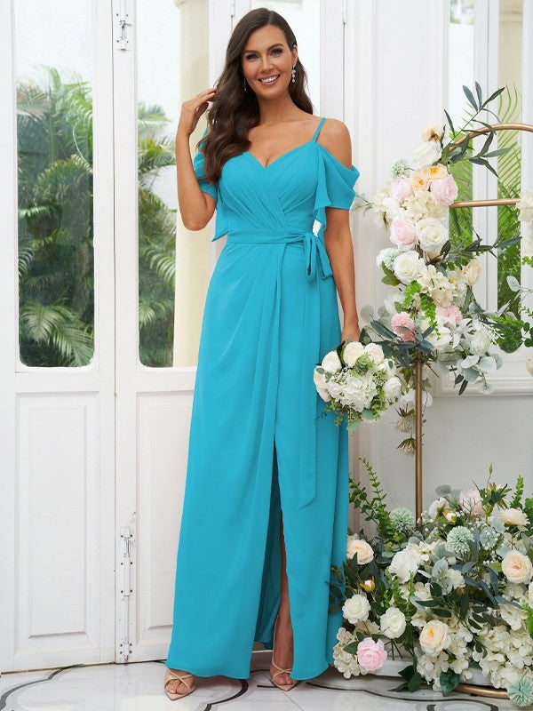 A-Line/Princess Chiffon Ruched V-neck Short Sleeves Floor-Length Bridesmaid Dresses Evening Dress