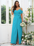 A-Line/Princess Chiffon Ruched V-neck Short Sleeves Floor-Length Bridesmaid Dresses Evening Dress
