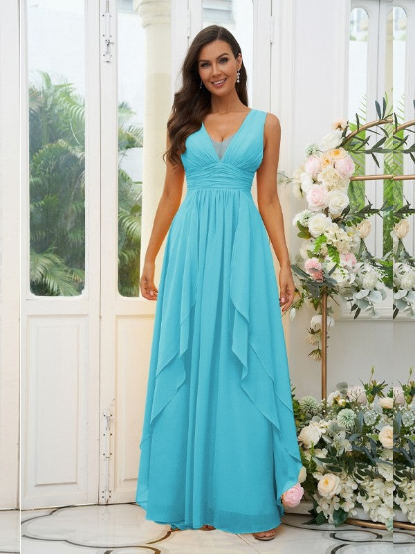 A-Line/Princess Chiffon Ruffles V-neck Sleeveless Floor-Length Bridesmaid Dresses Evening Prom Dress