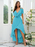 A-Line/Princess Chiffon Ruffles V-neck Short Sleeves Asymmetrical Bridesmaid Dresses Prom Dress