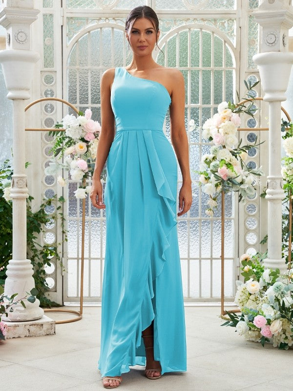 Sheath/Column Chiffon Ruffles One-Shoulder Sleeveless Floor-Length Bridesmaid Dresses Evening Prom Dress