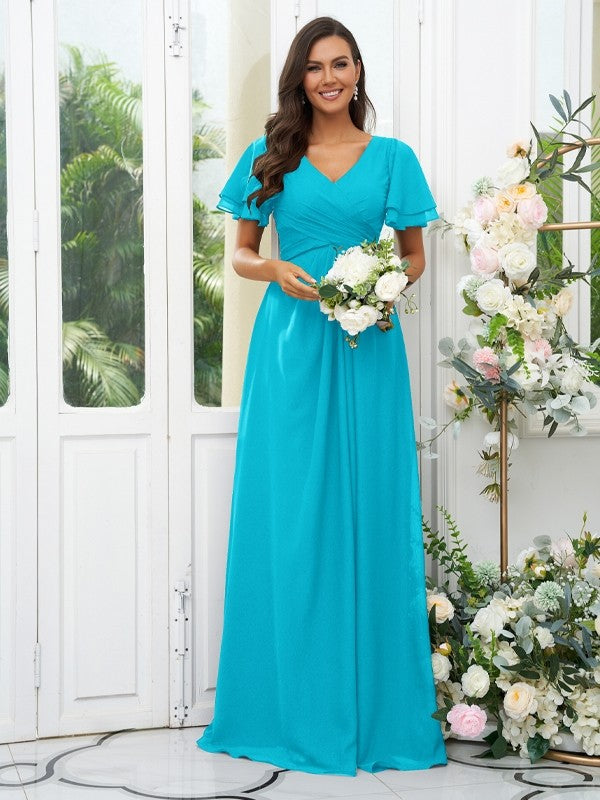 A-Line/Princess Chiffon Ruffles V-neck Short Sleeves Floor-Length Bridesmaid Dresses Evening Dress