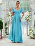 A-Line/Princess Chiffon Ruffles V-neck Short Sleeves Floor-Length Bridesmaid Dresses Evening Prom Dress