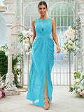 Sheath/Column Chiffon Ruched Scoop Sleeveless Floor-Length Bridesmaid Dresses Evening Dress