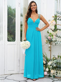 A-Line/Princess Chiffon Ruched V-neck Sleeveless Floor-Length Bridesmaid Dresses Evening Prom Dress
