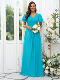 A-Line/Princess Chiffon Ruffles V-neck Short Sleeves Floor-Length Bridesmaid Dresses Evening Dress