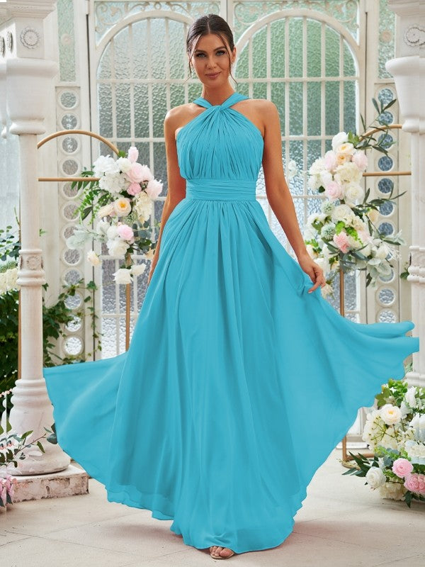 A-Linie/Princess-Linie Chiffon Rüschen Neckholder Ärmellos Bodenlang Brautjungfernkleider Abendkleid