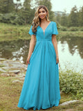 A-Line/Princess Chiffon Ruffles V-neck Short Sleeves Floor-Length Bridesmaid Dresses Evening Prom Dress