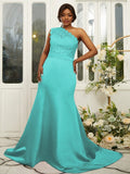 Sheath/Column Satin Lace One-Shoulder Sleeveless Sweep/Brush Train Bridesmaid Dresses Evening Dress