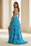 Gold Strapless A Line Satin Ruffled Long Formal Prom Dresses With Beading