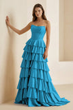 Gold Strapless A Line Satin Ruffled Long Formal Prom Dresses With Beading
