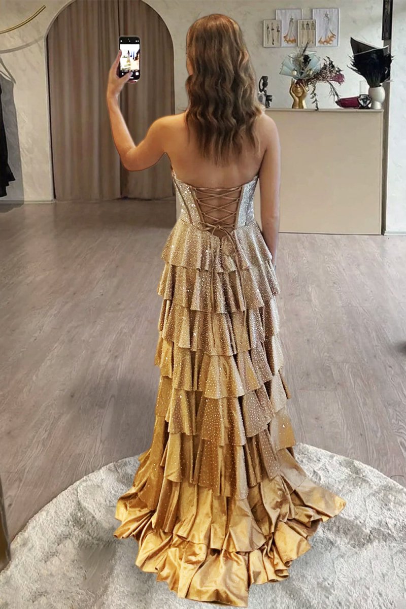 Gold Strapless A Line Satin Ruffled Long Formal Prom Dresses With Beading