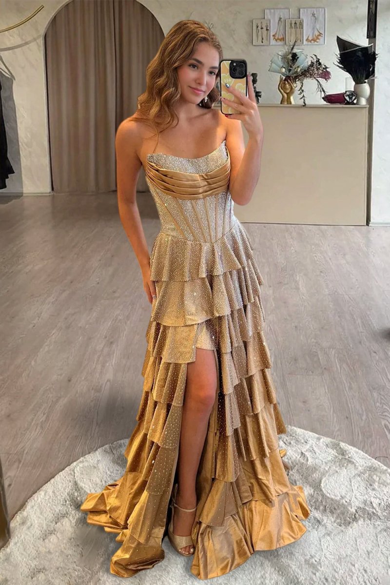 Gold Strapless A Line Satin Ruffled Long Formal Prom Dresses With Beading