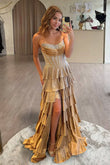 Gold Strapless A Line Satin Ruffled Long Formal Prom Dresses With Beading