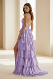 Gold Strapless A Line Satin Ruffled Long Formal Prom Dresses With Beading