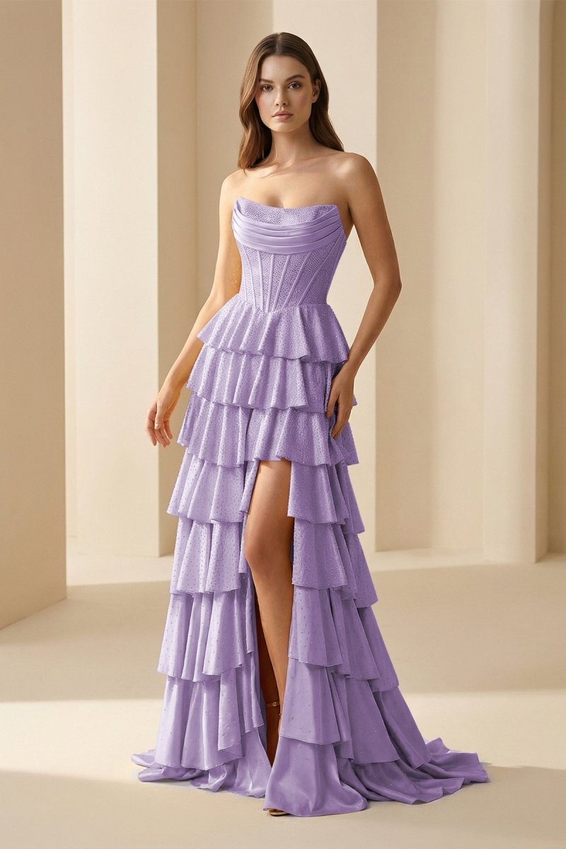 Gold Strapless A Line Satin Ruffled Long Formal Prom Dresses With Beading
