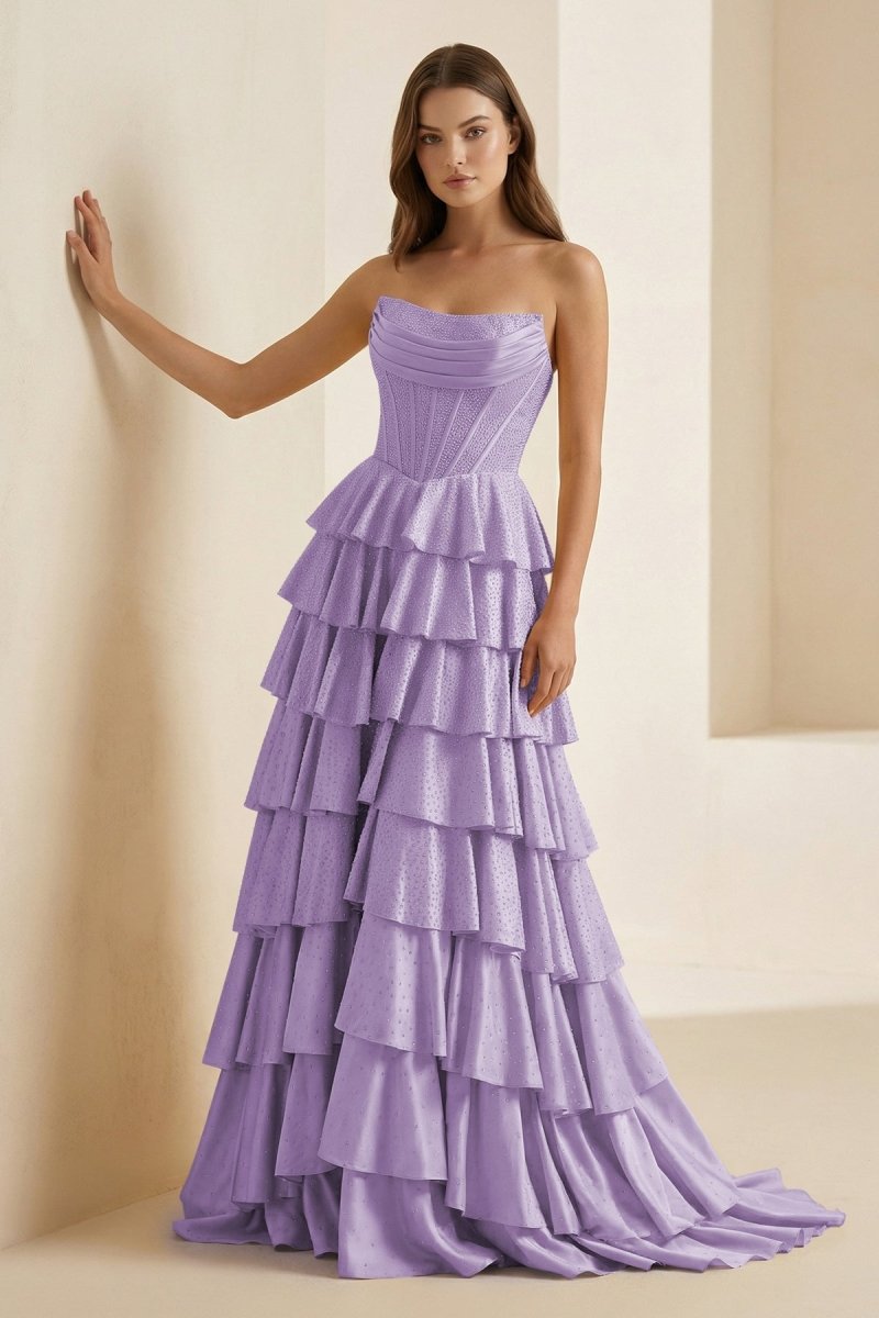 Gold Strapless A Line Satin Ruffled Long Formal Prom Dresses With Beading