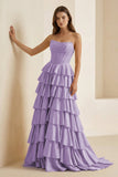 Gold Strapless A Line Satin Ruffled Long Formal Prom Dresses With Beading