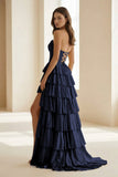 Gold Strapless A Line Satin Ruffled Long Formal Prom Dresses With Beading