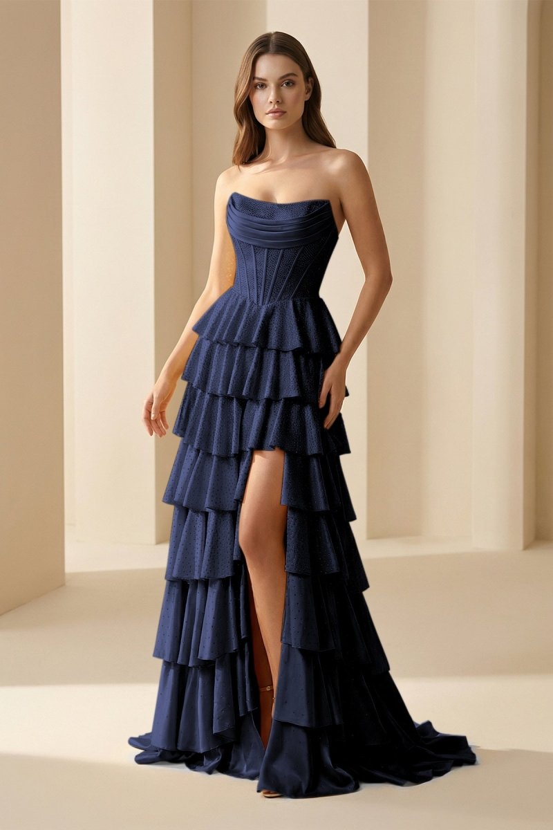 Gold Strapless A Line Satin Ruffled Long Formal Prom Dresses With Beading