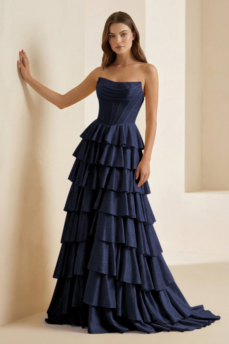 Gold Strapless A Line Satin Ruffled Long Formal Prom Dresses With Beading