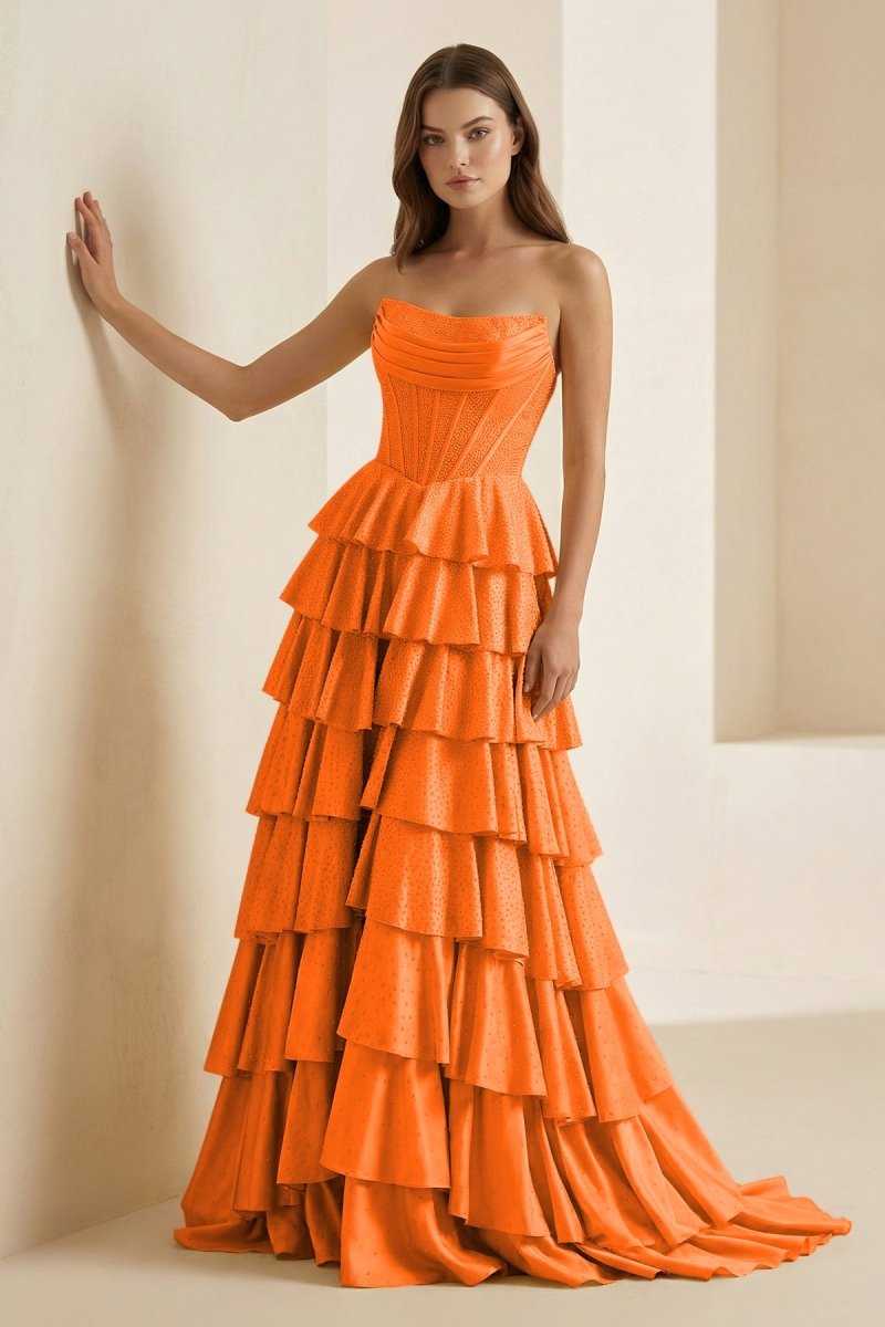 Gold Strapless A Line Satin Ruffled Long Formal Prom Dresses With Beading