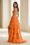 Gold Strapless A Line Satin Ruffled Long Formal Prom Dresses With Beading