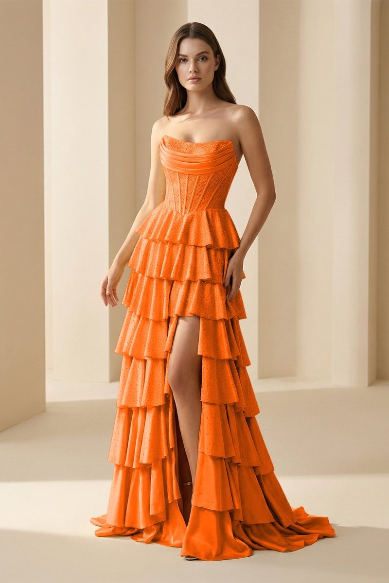 Gold Strapless A Line Satin Ruffled Long Formal Prom Dresses With Beading