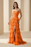 Gold Strapless A Line Satin Ruffled Long Formal Prom Dresses With Beading