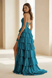 Gold Strapless A Line Satin Ruffled Long Formal Prom Dresses With Beading