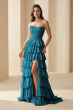 Gold Strapless A Line Satin Ruffled Long Formal Prom Dresses With Beading