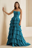 Gold Strapless A Line Satin Ruffled Long Formal Prom Dresses With Beading