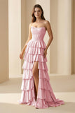 Gold Strapless A Line Satin Ruffled Long Formal Prom Dresses With Beading
