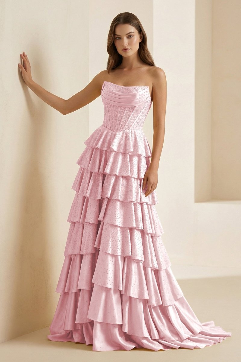 Gold Strapless A Line Satin Ruffled Long Formal Prom Dresses With Beading