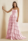 Gold Strapless A Line Satin Ruffled Long Formal Prom Dresses With Beading