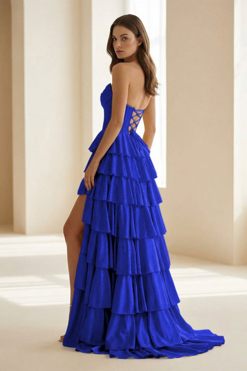 Gold Strapless A Line Satin Ruffled Long Formal Prom Dresses With Beading