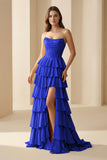 Gold Strapless A Line Satin Ruffled Long Formal Prom Dresses With Beading