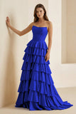 Gold Strapless A Line Satin Ruffled Long Formal Prom Dresses With Beading