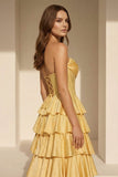 Gold Strapless A Line Satin Ruffled Long Formal Prom Dresses With Beading