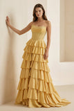 Gold Strapless A Line Satin Ruffled Long Formal Prom Dresses With Beading