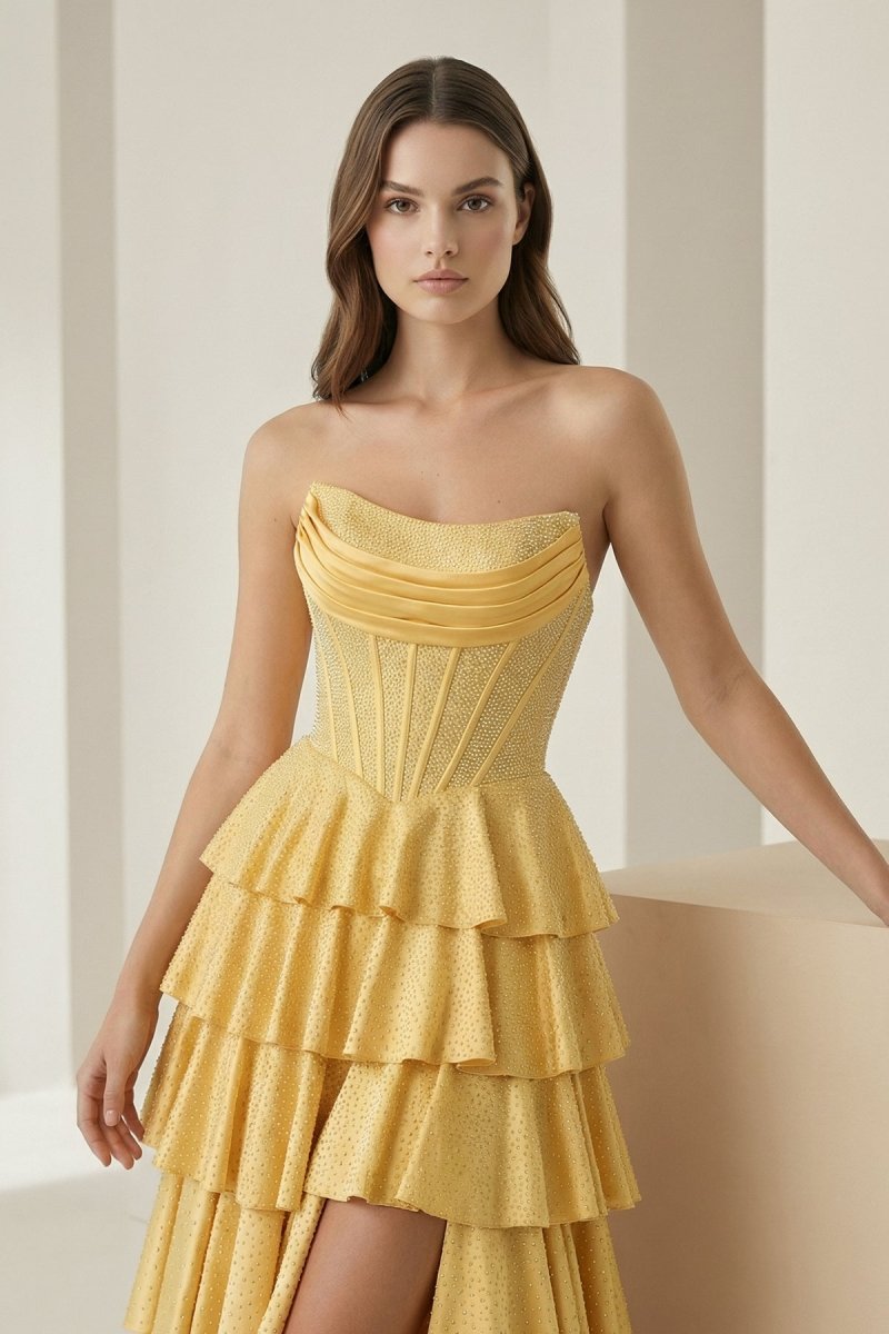 Gold Strapless A Line Satin Ruffled Long Formal Prom Dresses With Beading