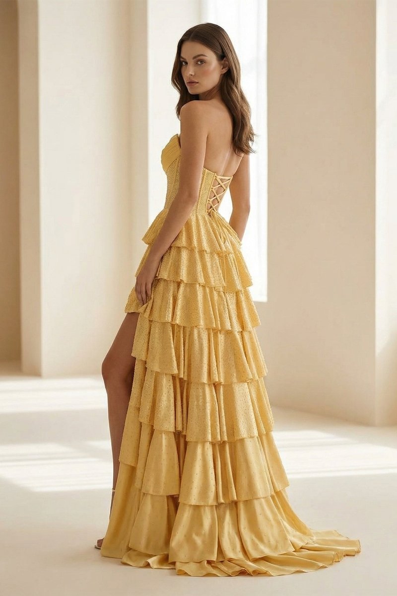 Gold Strapless A Line Satin Ruffled Long Formal Prom Dresses With Beading