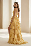 Gold Strapless A Line Satin Ruffled Long Formal Prom Dresses With Beading