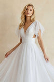 Casual Beach A-Line Tulle Wedding Dress With V-neck And Low-V Back