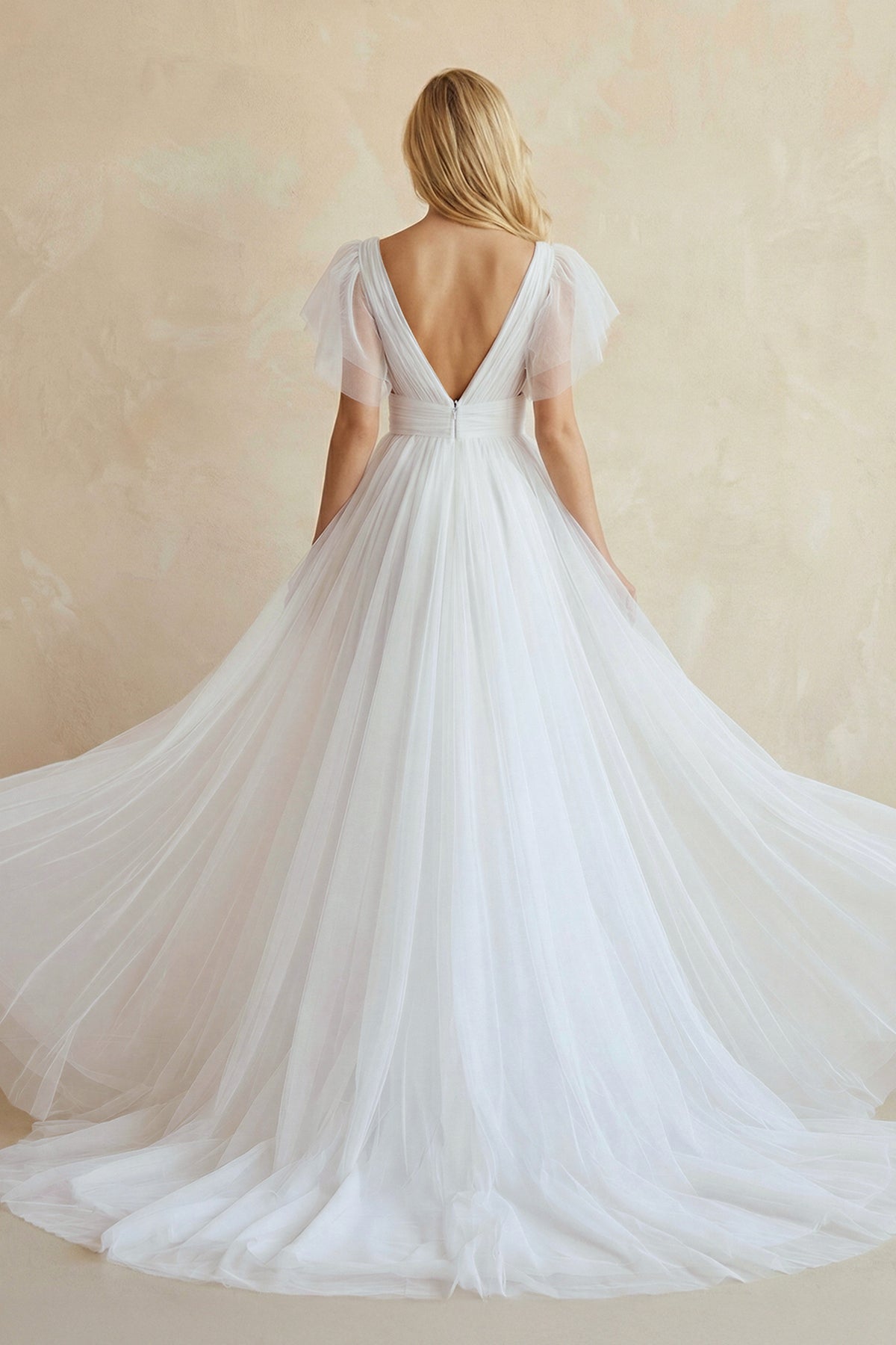 Casual Beach A-Line Tulle Wedding Dress With V-neck And Low-V Back
