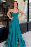 Emerald A-Line Spaghetti Straps Satin Long Prom Dresses With Slit