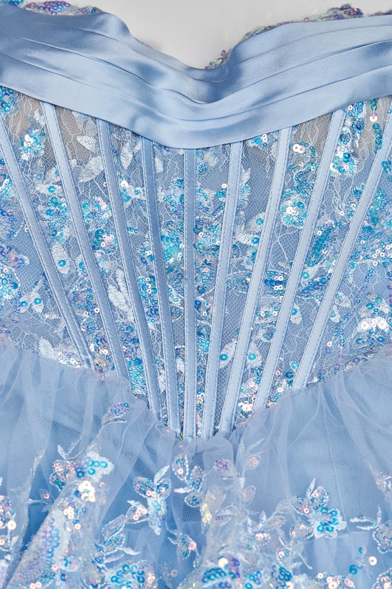 Sky Blue Sweetheart A Line Sequined Lace Long Formal Prom Dresses With Ruffles